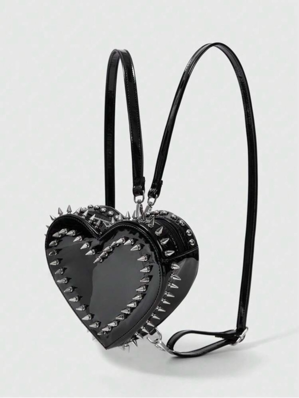 Edgy Heart Shaped Silver Spiked Studded Purse Crossbody Patent Faux-Leather